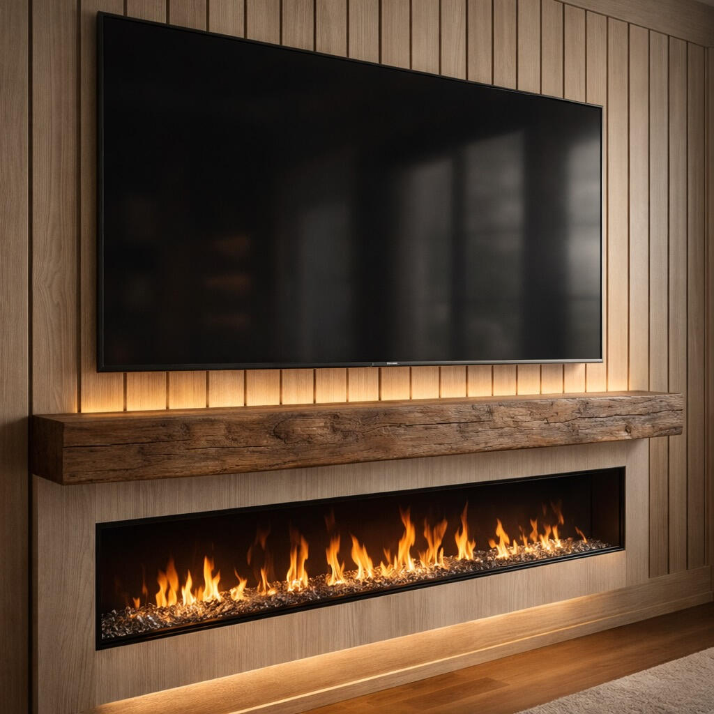 Custom TV media wall with white oak slats, reclaimed wood mantel and linear fireplace in Winter Park