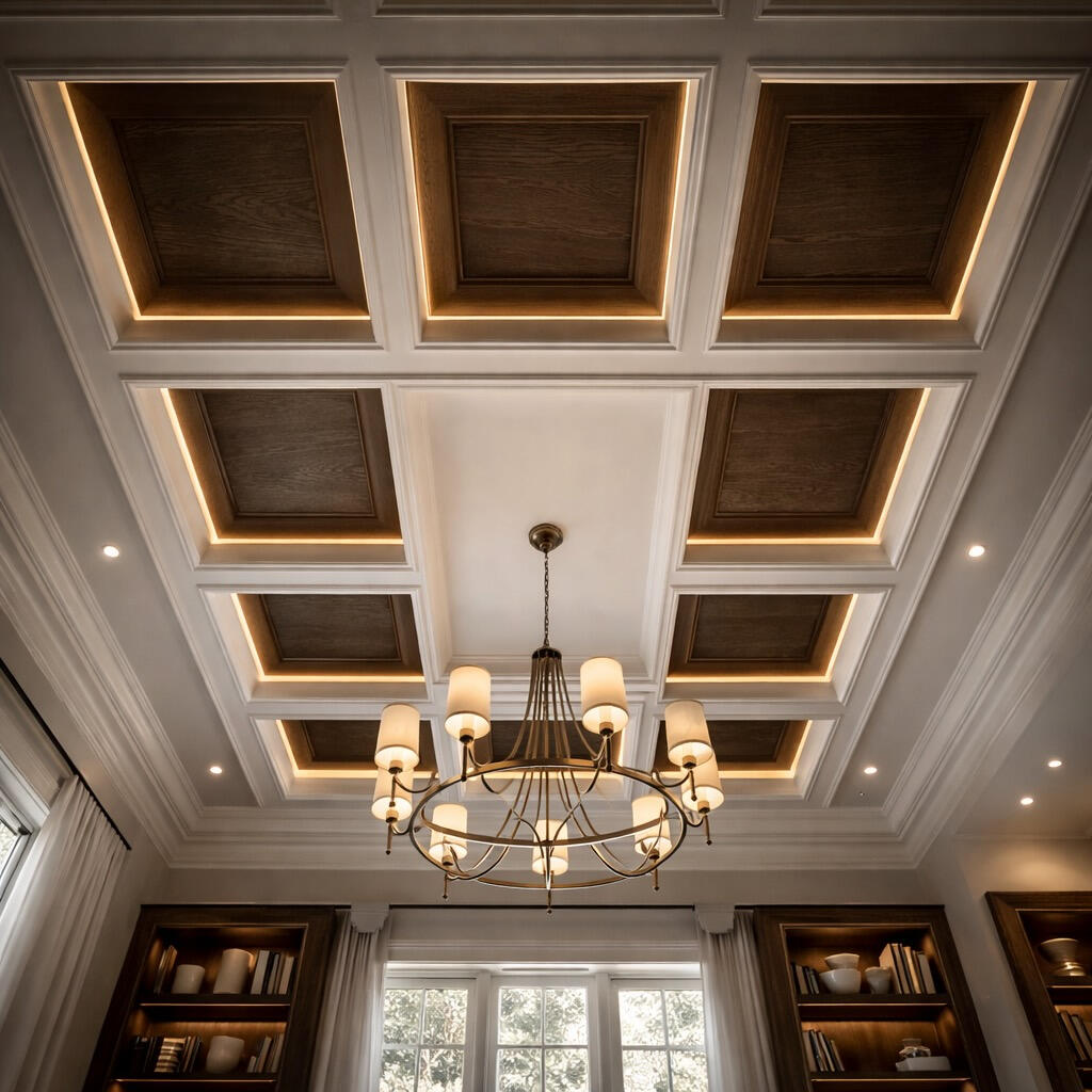 Decorative coffered ceiling with oak accents and chandelier in Winter Park formal dining room